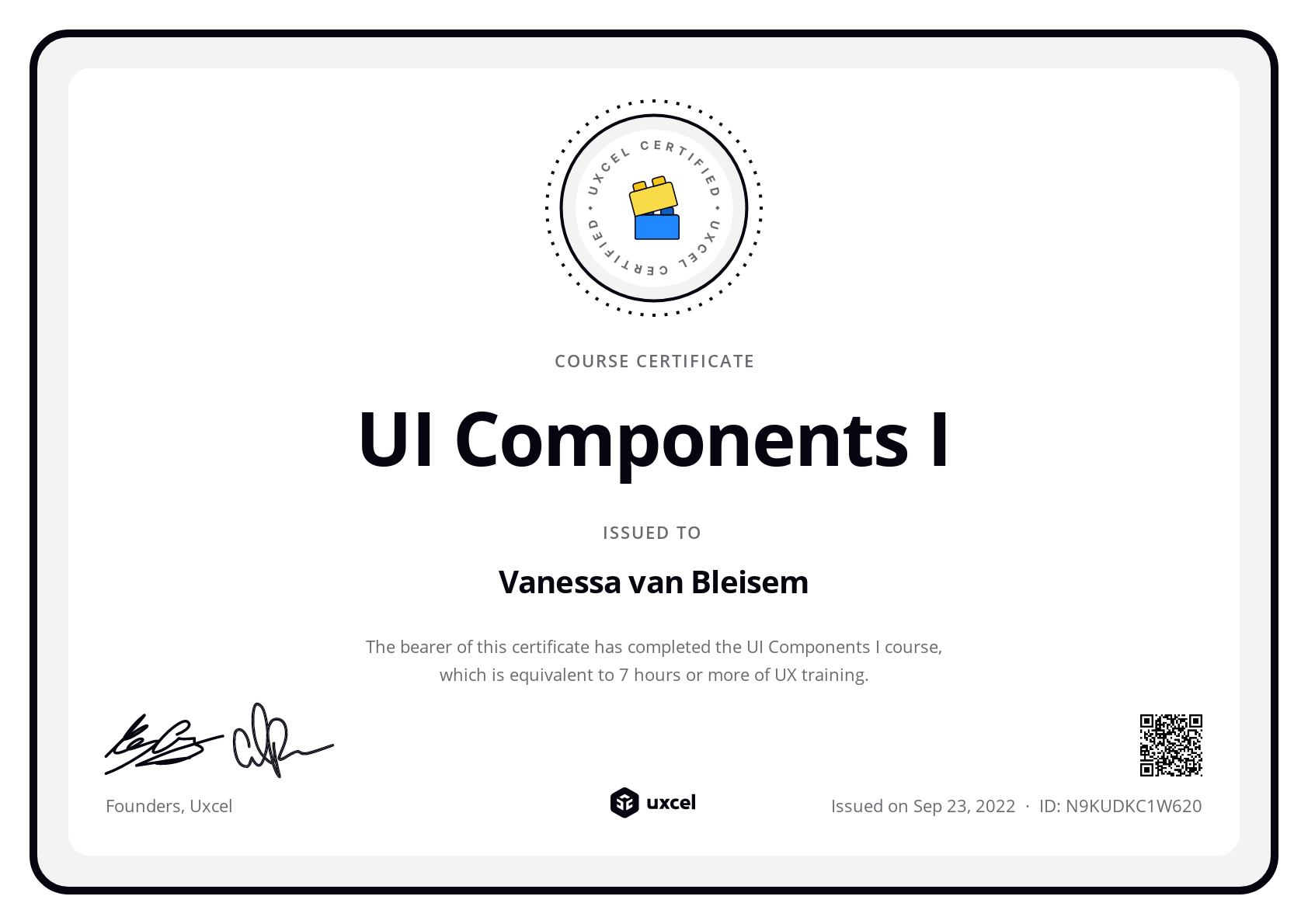 Vanessa van Bleisem's certificate